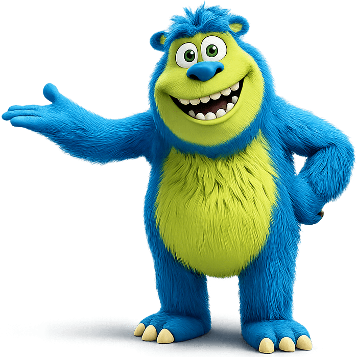 Blue and Lime creature gesturing to the left
