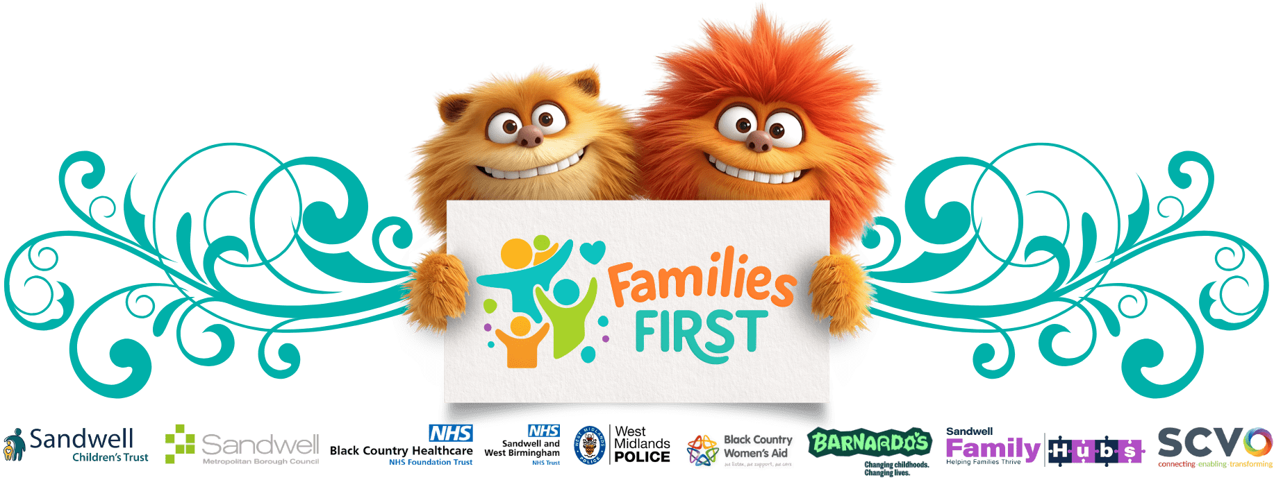 Two furry characters holding a sign with the Families First logo
