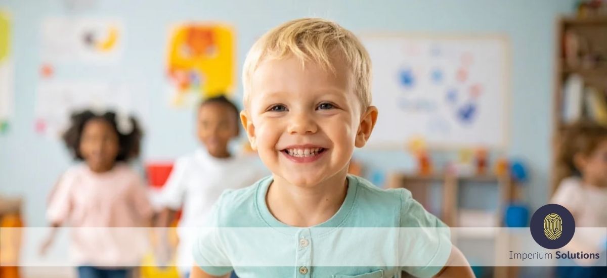 Children playing in a classroom with Imperium logo superimposed